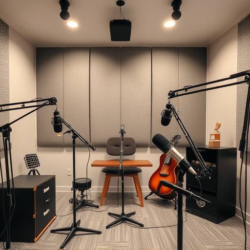 A well-organized podcast studio with multiple microphones and soundproofing panels.