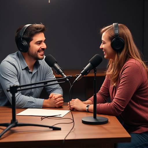 Two people having a podcast interview, sitting at a table with microphones